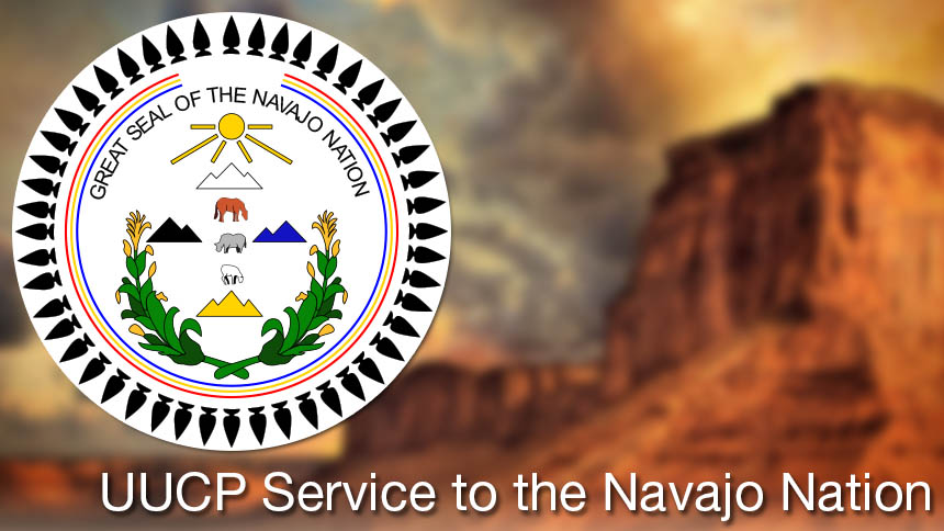 Great Seal of the Navajo Nation overlaid on blurred image of red sandstone mesas | UUCP Service to the Navajo Nation