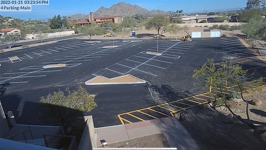 Security camera view of main parking lot, Jan 21, 2022
