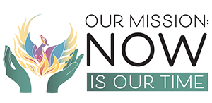 2022-2023 stewardship logo - stylized hands cradling UUCP phoenix - Our Mission: Now Is Our Time