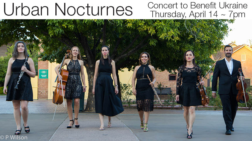 Urban Nocturnes - Concert to Benefit Ukraine - Thursday, April 14 ~ 7pm - photo of formally-dressed musicians carrying their instruments, walking toward camera