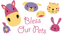colorful icons of pet faces, "Bless Our Pets"
