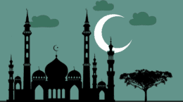 Crescent moon in green sky with clouds, black mosque and a tree