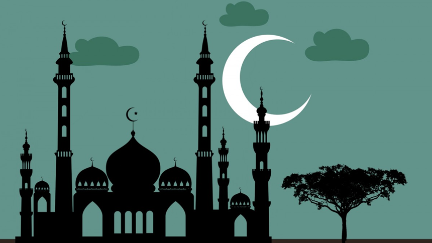 Crescent moon in green sky with clouds, black mosque and a tree