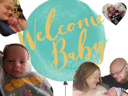 Collage of photos of newborn with parents "Welcome Baby" in center on green balloon