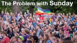 "The Problem with Sunday" white letters over a photo of protesters after the Pulse shooting in Orlando