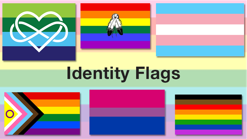 "Identity Flags" over a background with various LGBTQIA identity flags