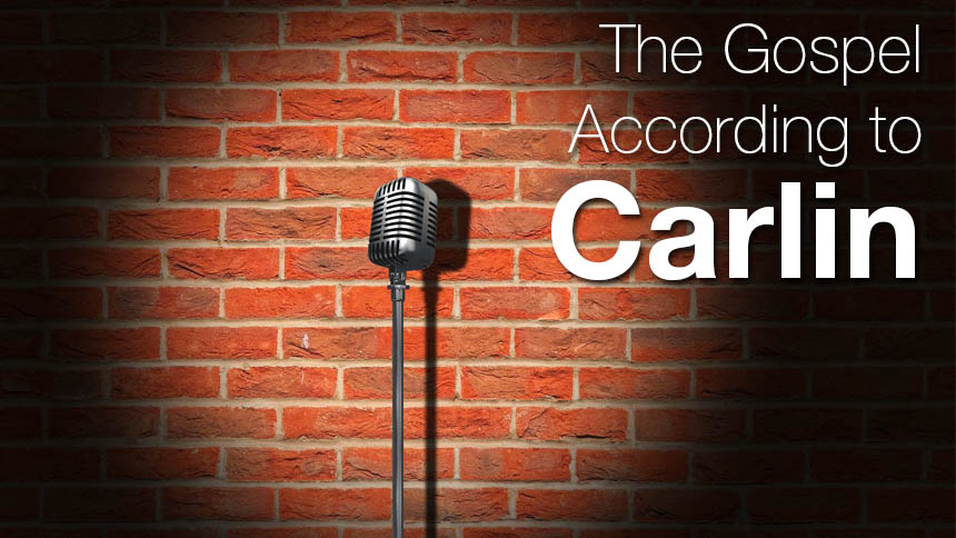 "The Gospel According to Carlin" in white text over a photo of a brick wall, with a stand-up microphone highlighted by a spotlight