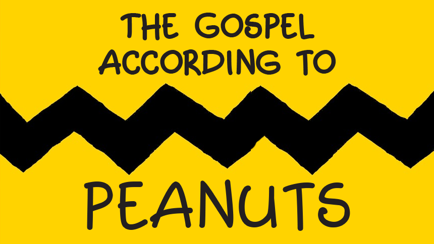 "The Gospel According to Peanuts" in black text over gold background with zig-zag horizontal stripe