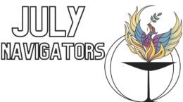 July Navigators - black outlined text on white background with UUCP phoenix logo