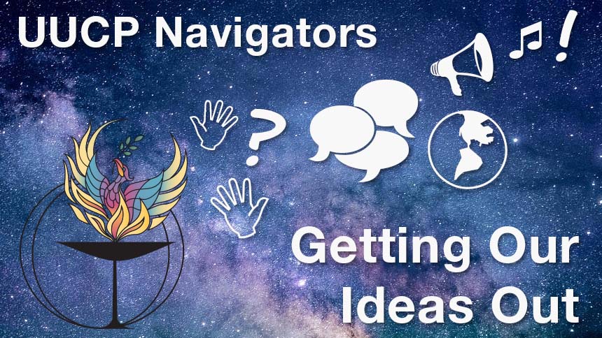 White text: "UUCP Navigators Getting Our Ideas Out" plus UUCP logo over photo of Milky Way, plus various white icons representing ideas