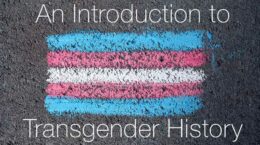 Rough trans flag drawn in chalk on dark cement; White lettering: An Introduction to Transgender History