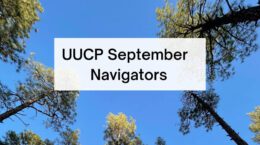 UUCP September Navigators text over photo looking up at sky through conifers