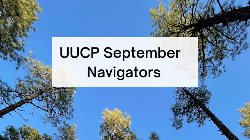 UUCP September Navigators text over photo looking up at sky through conifers