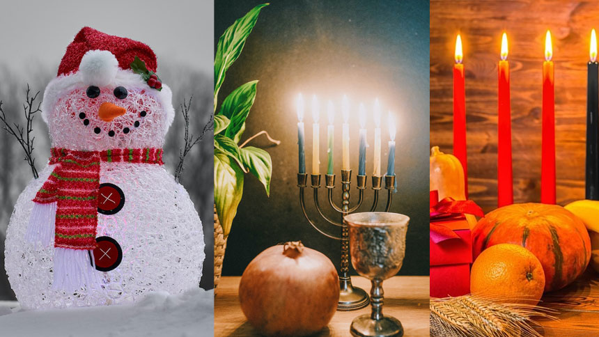 An image of a snowman, Hanukkah and Kwanzaa candles.