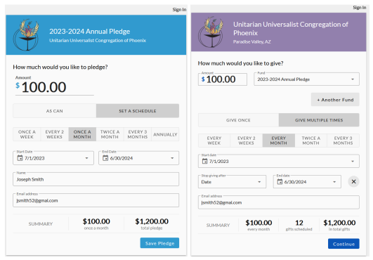 side-by-side screenshots of Realm pledge and payment setup forms