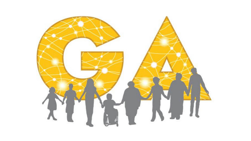Gold letters: GA with grey outlines of various people in front - UUA GA 2023 logo