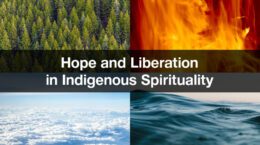 The text hope and liberation of Indigenous Spirituality over pictures of earth, fire, water and air