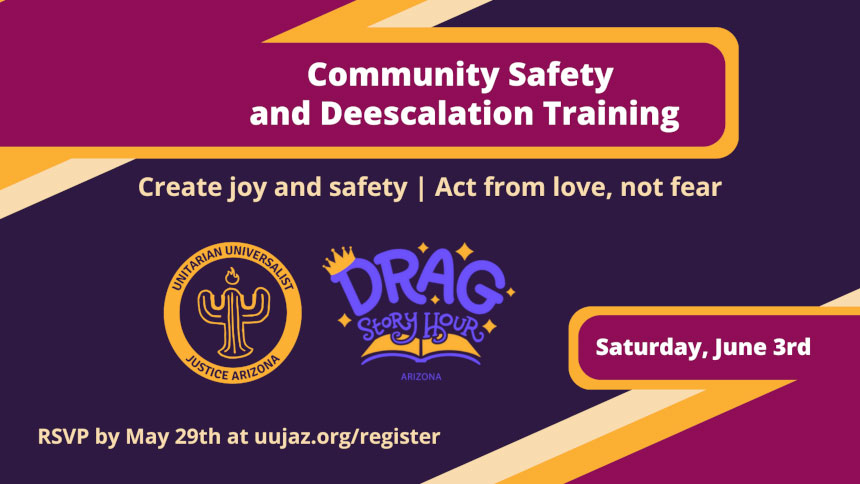 The words Community Safety and De-escalation Training in white floating over the Drag logo