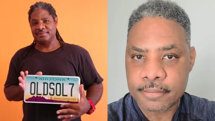 side-by-side photos of Reggie Watson; on the left, holding an AZ license plate that reads "OLDSOL7"; on the right, just a closeup of his face