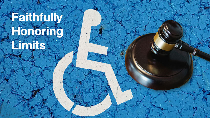 A wheelchair symbol next to a gavel on a texztured blue background.