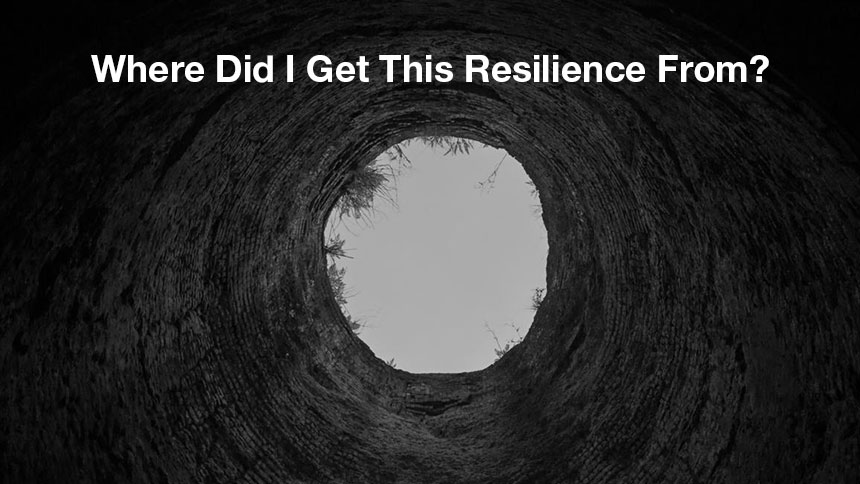A picture of a deep well with the text Where Did I Get This Resilience From in white over it.
