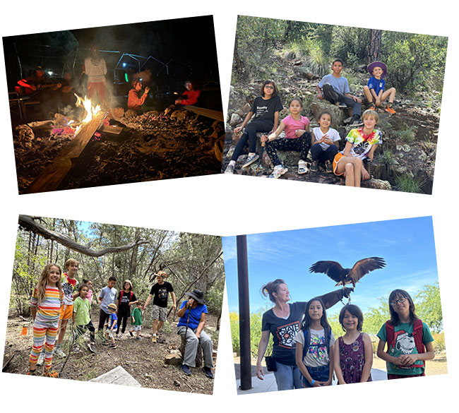 A collage of various kids doing outdoor activities like hiking and having a campfire.