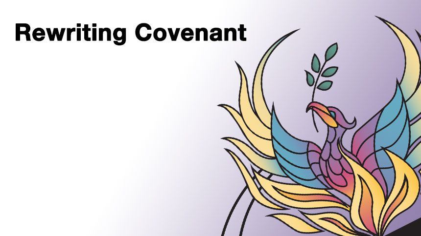 The UUCP phoenix logo next to the text Rewriting Covenant on a purple gradient background.