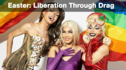 A group of drag queens posing for the camera with pride flags behind them.