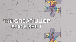 The words the Great UUCP Space Shift in white on a puzzle background.