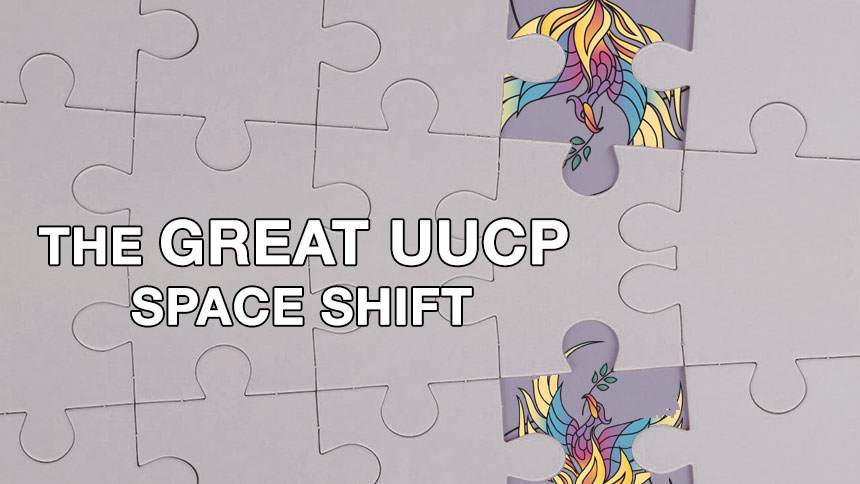 The words the Great UUCP Space Shift in white on a puzzle background.